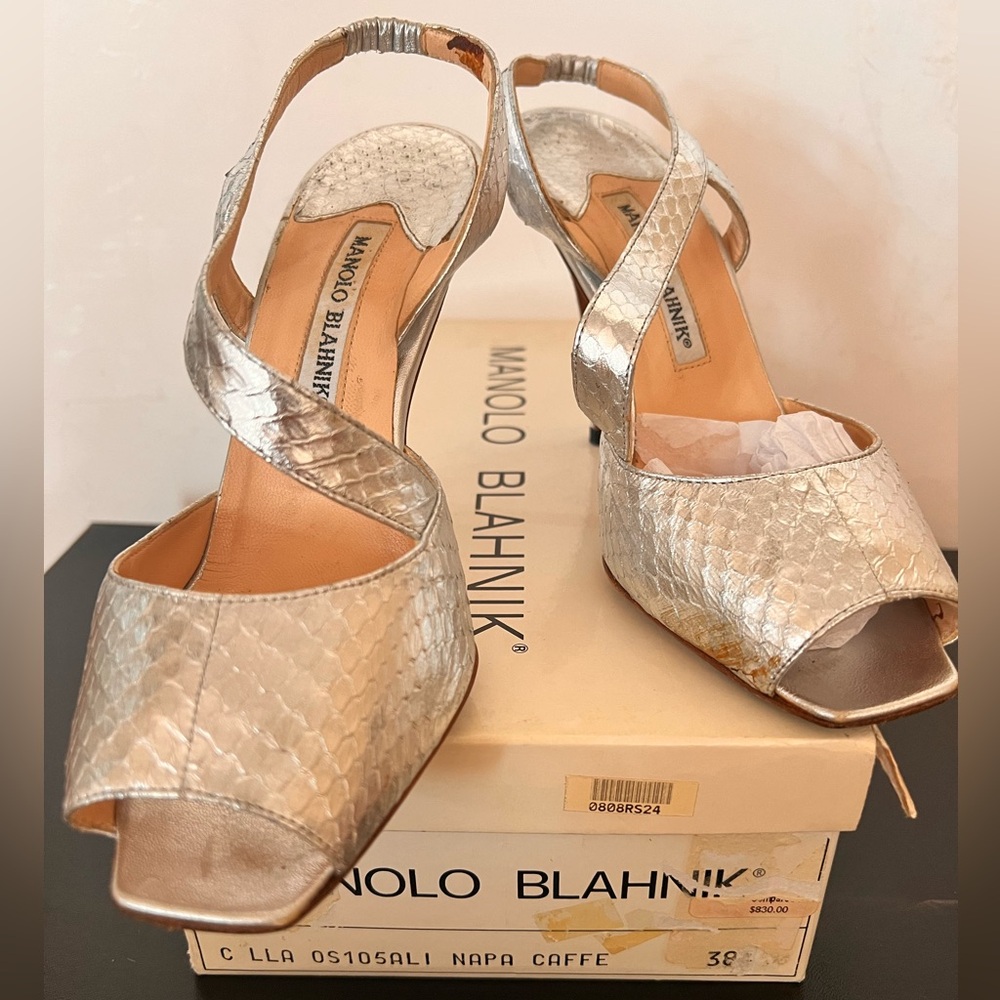 Manolo Blanhik Snake Skin Italy Size 38 Box Dust Bag Silver heel SHOES AUTHENTIC - Picture 8 of 9